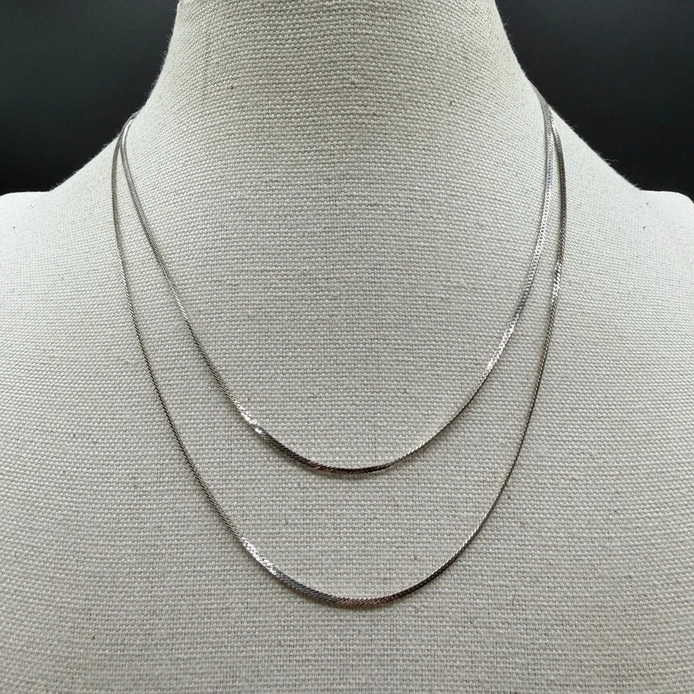 Silver Tone Double Strand Herringbone Chain Necklace Layered Minimalist Jewelry